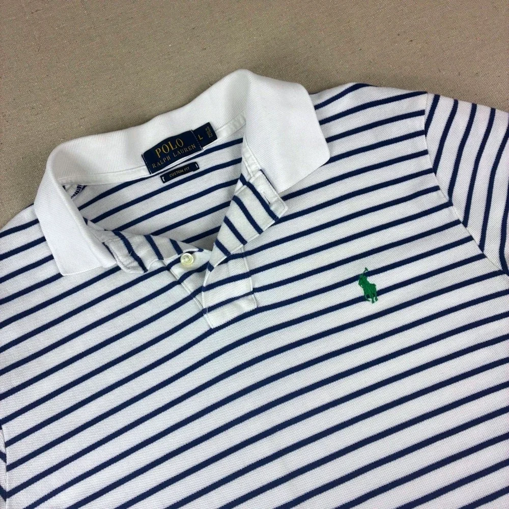 Polo Ralph Lauren Polo Shirt Mens L White Navy Blue‎ Striped Custom Fit Preppy